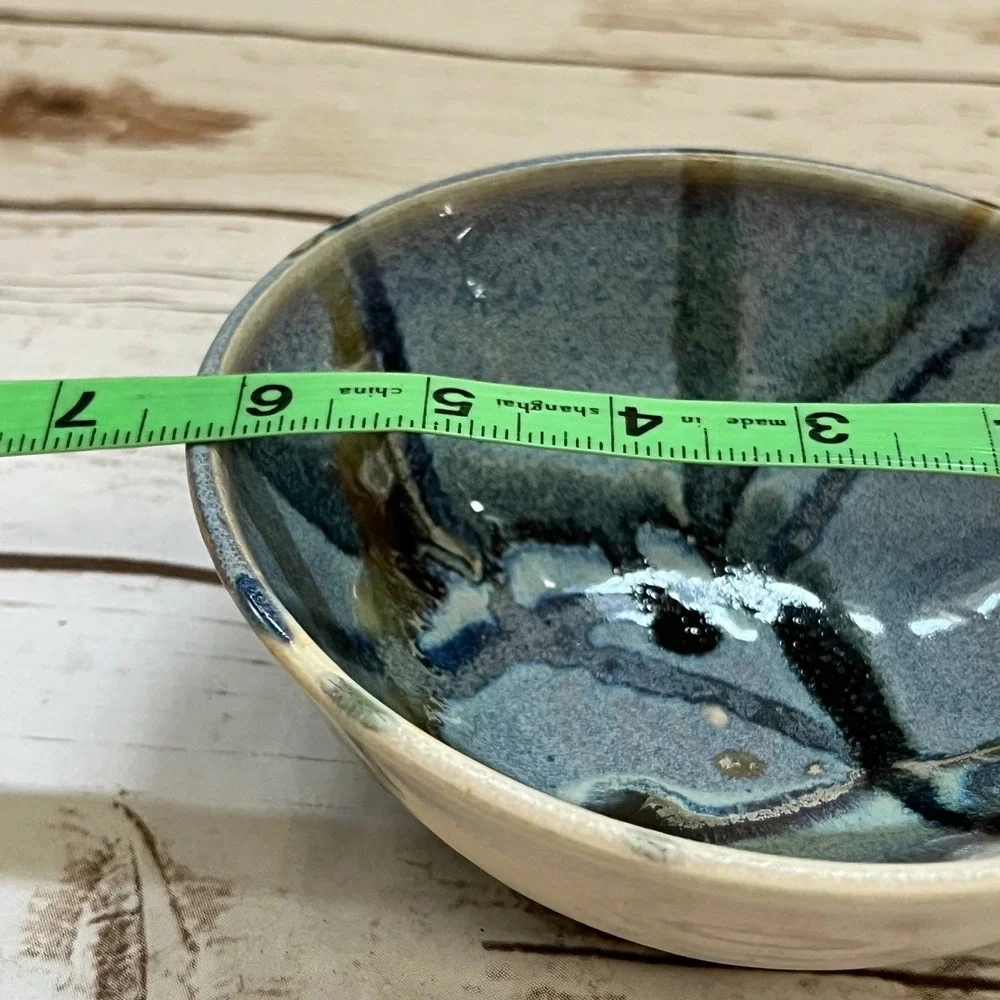 Studio Pottery Bowl Blue Cream Reactive Glaze Artisan Ceramic 6.5in